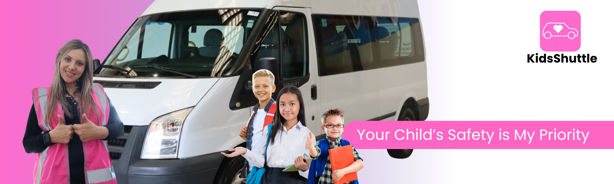 “Chazelle Raubenheimer beside Kids Shuttle NZ van — safe school transport Hibiscus Coast.”